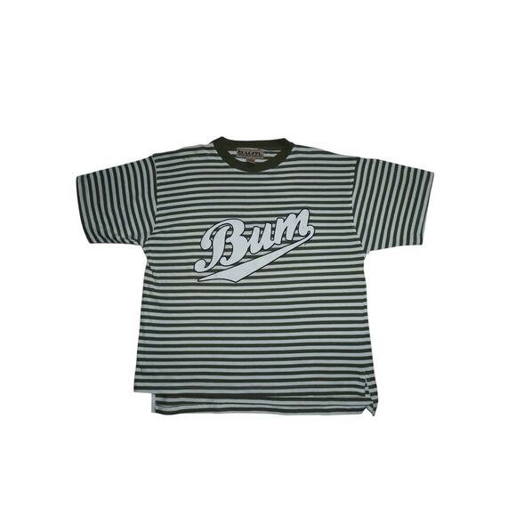 Vintage B.U.M. Equipment Striped T-Shirt Green White Logo Spellout 90s Size M - Picture 1 of 4